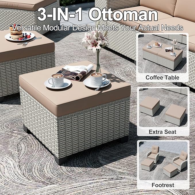 11-Piece Outdoor Patio Furniture Set, Modular Sectional Sofa Set with Swivel Rocker Chairs & Ottomans, Wicker Outdoor Couch Conversation Sets w/Coffee Table and Cushions, Khaki