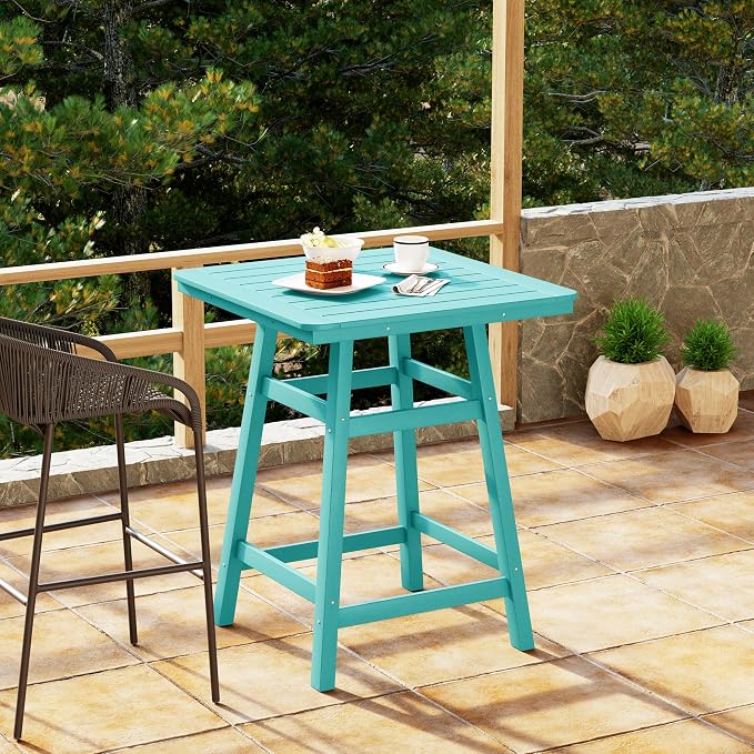Costaelm Outdoor Bar Table, 37" Counter Height Square Patio Cocktail Bar Table with Umbrella Hole, Patio Bistro Dining Pub Table for Front Porch Deck Backyard Garden, Turquoise