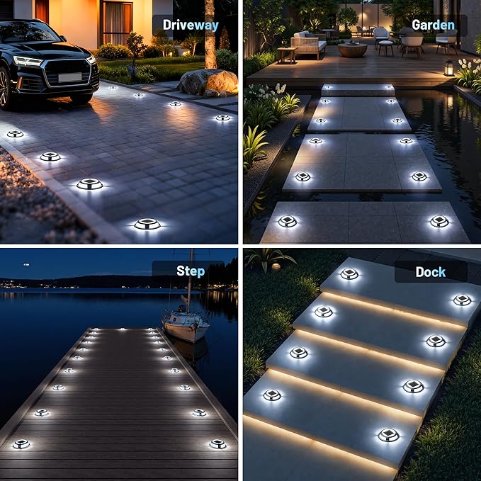 Solar Driveway Lights, 4 Pack Heavy Duty Driveway Lights Solar Powered 2 Color Mode (Cool/Warm White) IP68 Waterproof Outdoor Solar Deck Lights with Ground Stake for Pathway Garden Yard Walkway Dock