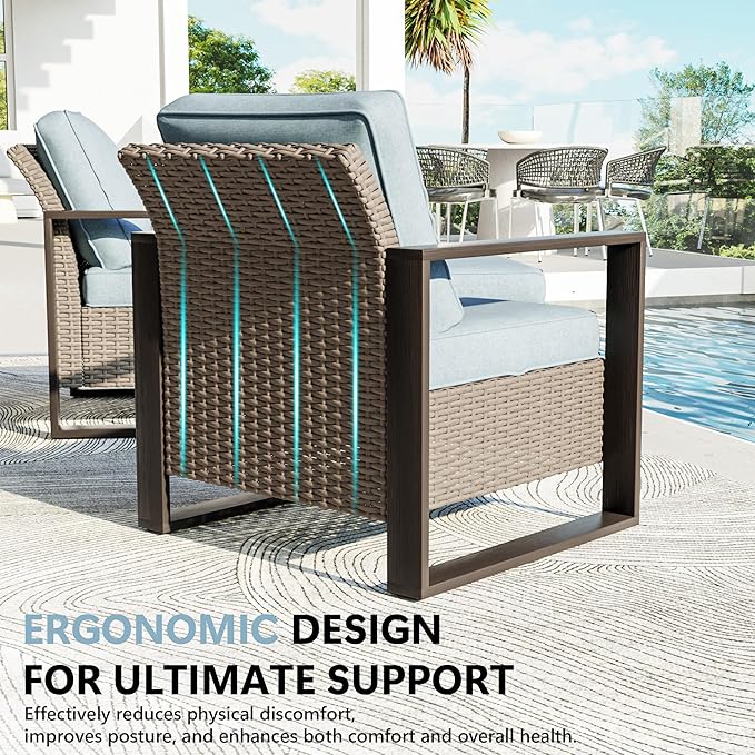 Outdoor Patio Furniture Set, 7 Piece Wicker Patio Conversation with Deep Seating, Thicken Cushions, Outdoor Club Chair, Metal Outdoor Furniture for Deck, Porch, Yard Use (Azure, 7 PCS/Chairs)