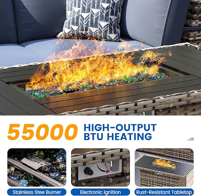 8-Piece Patio Furniture Set with 44” Fire Pit Table - All-Weather Wicker Conversation Sectional Sofa & Coffee Table with Thickened Cushions for Backyard, Garden(Navy Blue)