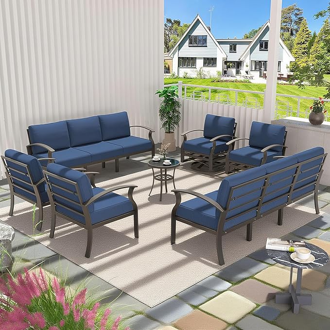 Aluminum Patio Furniture Set Patio Conversation Set,10 Seats Metal Modern Outdoor Furniture w/5.1" Cushions,Patio Sectional w/Swivel Chairs for Patio,Backyard,NavyBlue