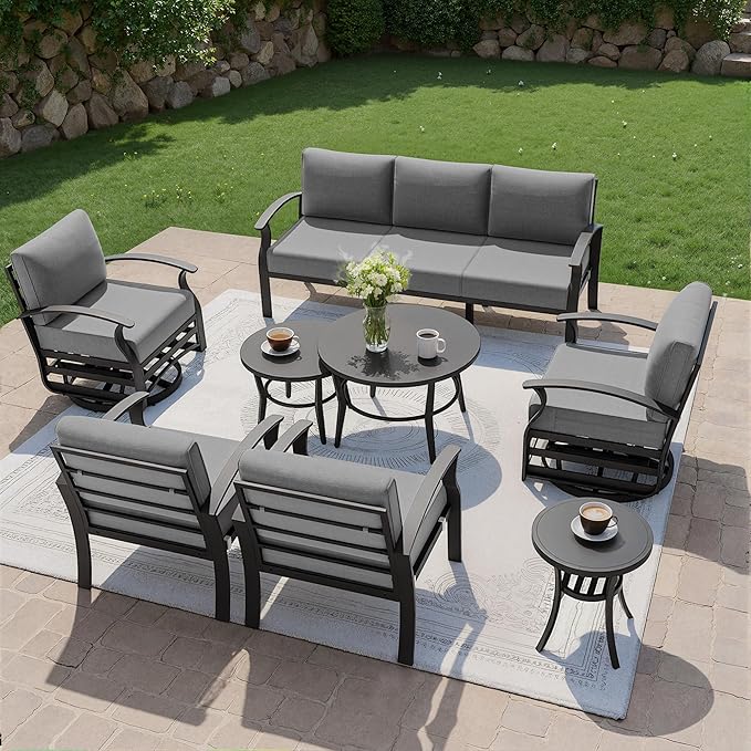 Kullavik Aluminum Patio Furniture Set with Round Coffee Tables,7-seat Metal Outdoor Sectional Furniture w/5.1" Cushions,Patio Conversation Sets with Swivel Chairs for Garden,Backyard,Porch-Grey