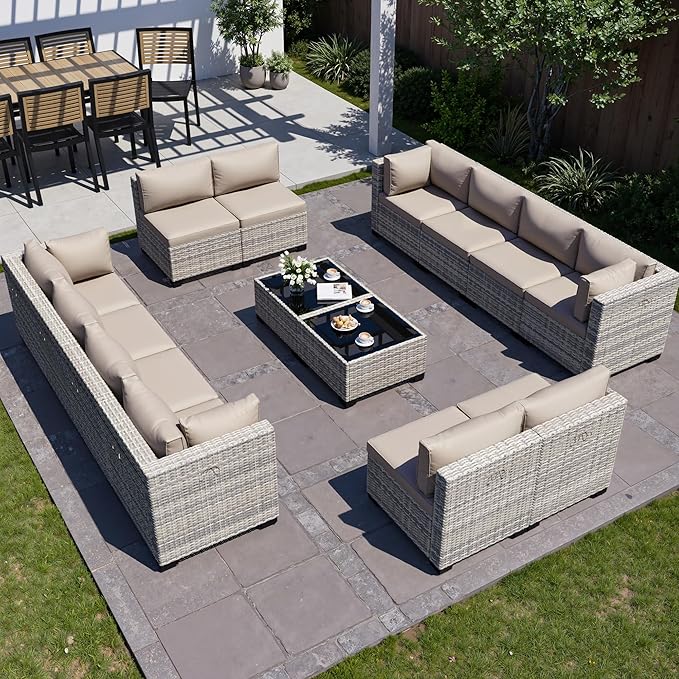 14-Piece Outdoor Patio Furniture Set, PE Wicker Rattan Sectional Sofa Conversation Set with Tempered Glass Table & Thick Cushions - All-Weather Garden, Backyard Furniture, Beige
