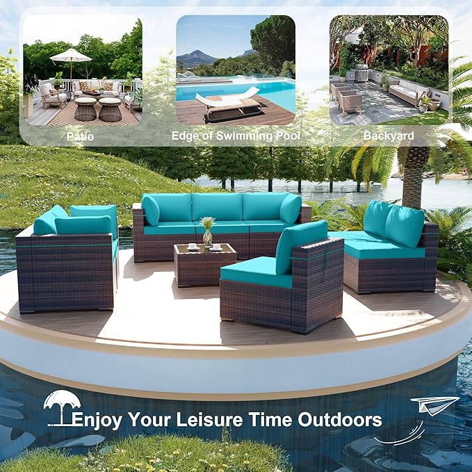 ALAULM 9 Pieces Patio Furniture Set Wicker Patio Conversation Set with 4 Corner Sofas, Outdoor Sectional Furniture w/Coffee Table & Washable Seat Cushions-Blue