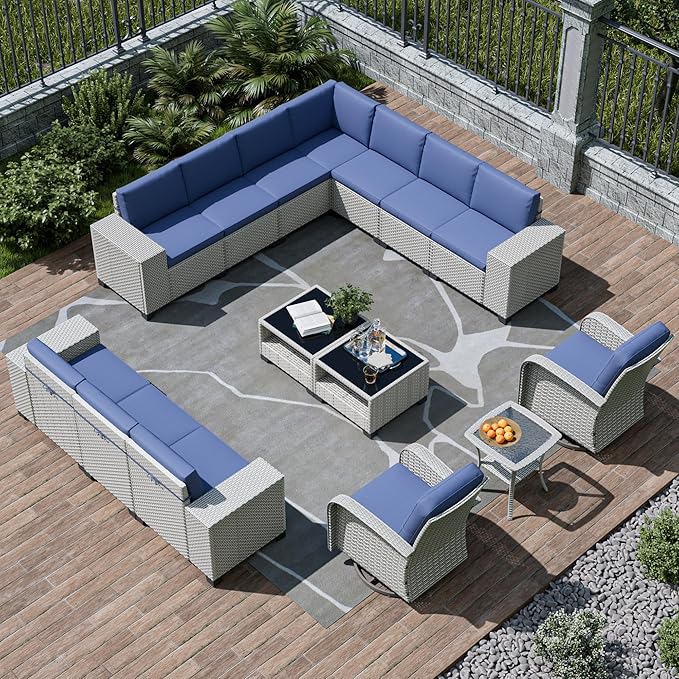 15-Piece Outdoor Patio Furniture Set, Modular Sectional Sofa Set with Swivel Rocker Chairs, Wicker Outdoor Couch Conversation Sets w/Coffee Table and Cushions, Blue