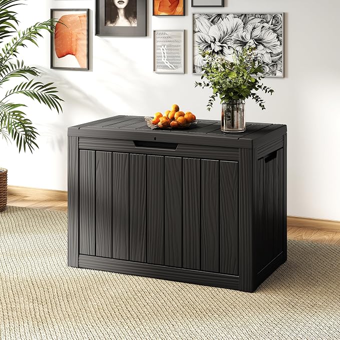 55 Gallon Outdoor Deck Storage Box, Weatherproof Wood Grain Lockable Storage Bin for Patio, Backyard & Poolside Indoor Outdoor Storage (Black,55GAL)