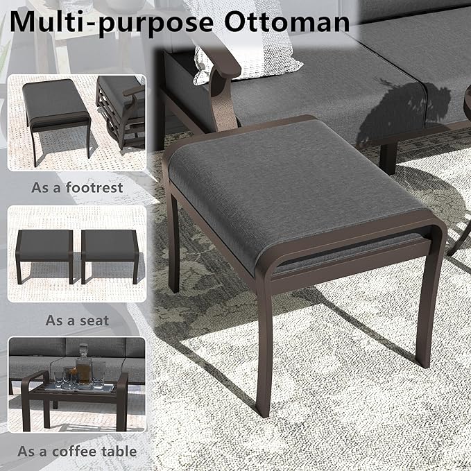 ALAULM Aluminum Patio Furniture Set with Round Propane Fire Pit Table 7-seat Metal Outdoor Furniture w/Swivel Chairs & 2 Ottomans Patio Sectional Sofas for Patio, Lawn, Poolside（Black