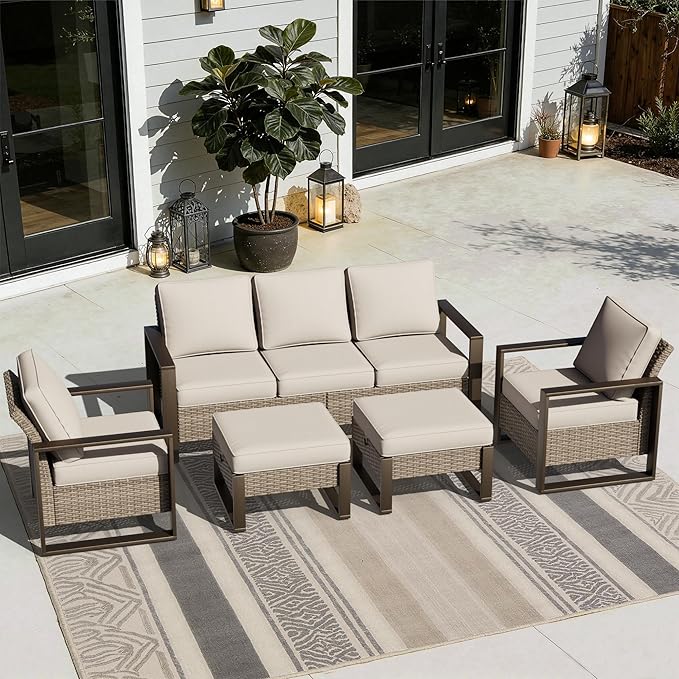 Joyside Outdoor Patio Chairs, 5 Pieces Wicker Rattan Furniture Set, 2 Patio Chairs, 1 Sofa and 2 Ottoman, Metal Wide Armrest, Thick Cushions and Deep Seating for Garden, Backyard, Porch, Deck