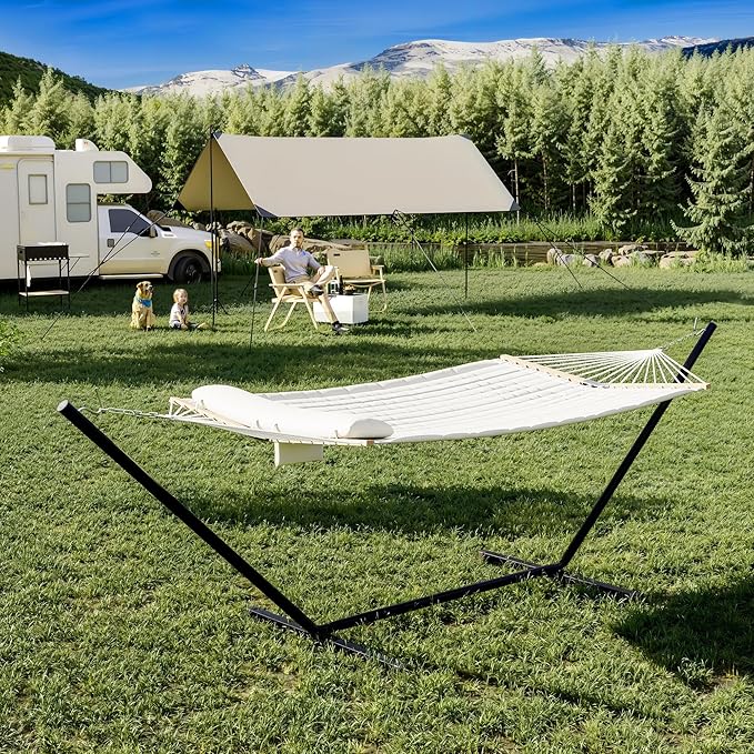 Double Hammock with Stand, Portable Hammock with Reinforced Steel Frame & Storage Bag, 450 Lb Capacity, Beige