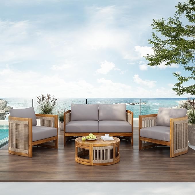 Christopher Knight Home Nesbit 4 Pieces Conversation Set, Acacia Wood Chat Set, Woven Rope Loveseat and Accent Chairs, Slat Panel Coffee Table, Patio Furniture Set for Backyard Balcony Garden, Gray