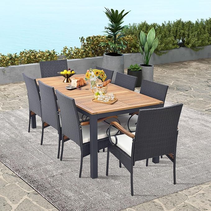 Tangkula 9 Pieces Patio Rattan Dining Set with Acacia Wood Table, Outdoor Table and Chairs Set with Cushions and 1.9” Umbrella Hole, Outdoor Dining Furniture Set for Backyard, Garden and Poolside