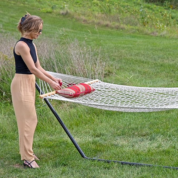 Sunnydaze Rope Hammock with Stand for Outside- 275-Pound Capacity - Includes 12-Foot Hammock Stand, Spreader Bar, Pad, and Pillow - Green Stripe