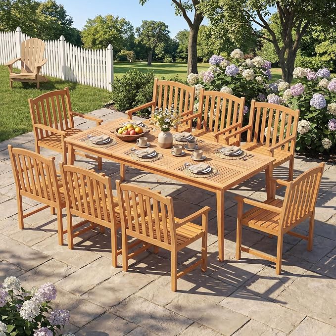 RELAX4LIFE Wooden Outdoor Dining Table for 8, 80" Rectangular Acacia Wood Slatted Patio Table w/Umbrella Hole, Indoor Outdoor Bistro Table for Backyard Porch Garden Deck, 8-Person Patio Dining Table