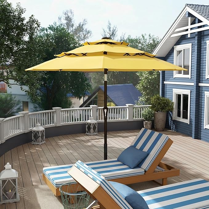 10FT Patio Umbrella 3 Tiers Outdoor Market Umbrella w/Push Button Tilt, Crank, UV and Waterproof Table Umbrella for Garden, Pool, Backyard, Deck, Lawn, Sunshine Yellow