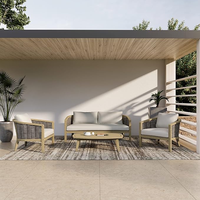 SIMPLIHOME Parkside SOLID ACACIA WOOD 70 inch Wide Rectangle Contemporary 4 Piece Outdoor Conversation Set in Natural for the Living Room