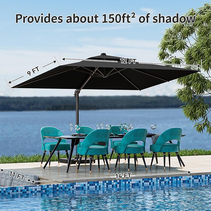 9x12FT Black Cantilever Outdoor Patio Umbrella with Base, Large Rectangular Offset Design, Double Top Heavy Duty Aluminum Frame & 360° Rotation for Pool Garden Deck Backyard