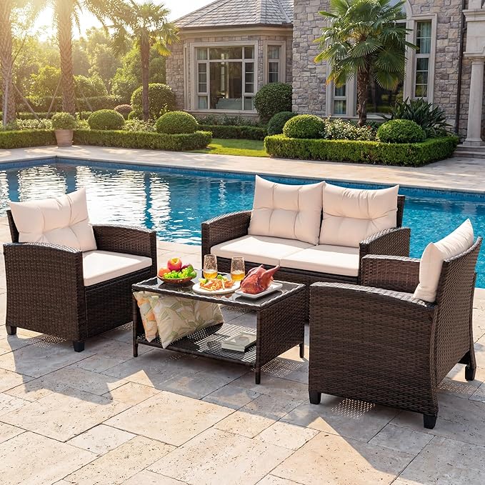 Greesum 4-Piece Patio Furniture Set, Outdoor Wicker Conversation Set, All-Weather Patio Sofa with Coffee Table and Cushions, for Garden, Deck, Porch, Backyard, Beige