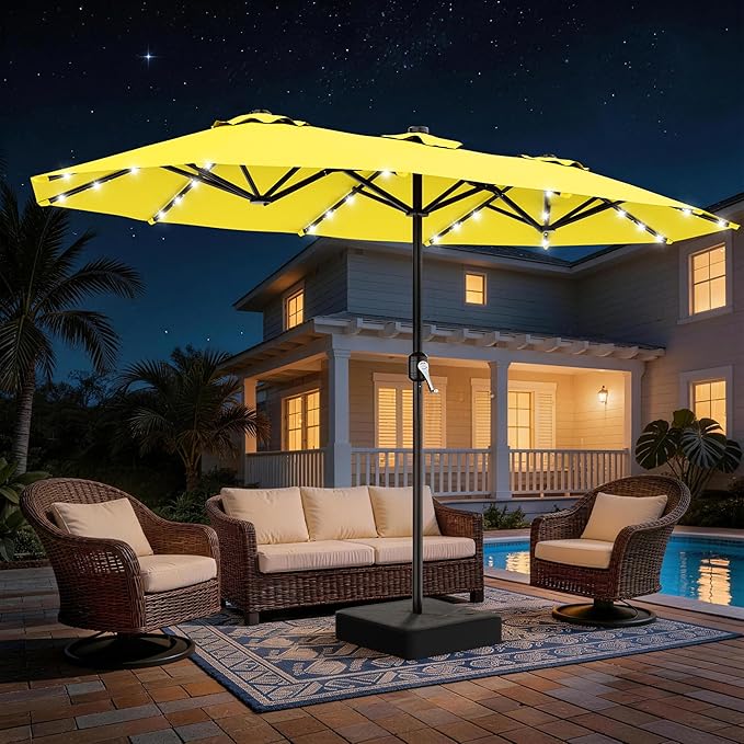 AreShark 13 FT Patio Umbrella with Solar Lights, Double-Sided Outdoor Table Umbrellas with Crank, Large Rectangular Market Umbrella for Porch, Lawn, Pool, Backyard, Yellow