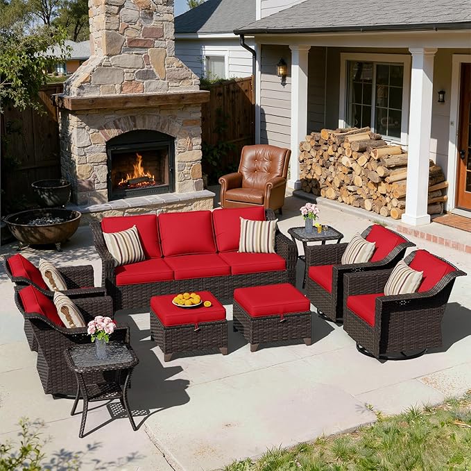 9 Pieces Patio Conversation Furniture Set - 1 Sofa, 2 Ottomans, 4 Swivel Chairs, 2 Side Tables, Outdoor Wicker Furniture with Removable Cushions for Porch, Balcony, Sunroom (Red)