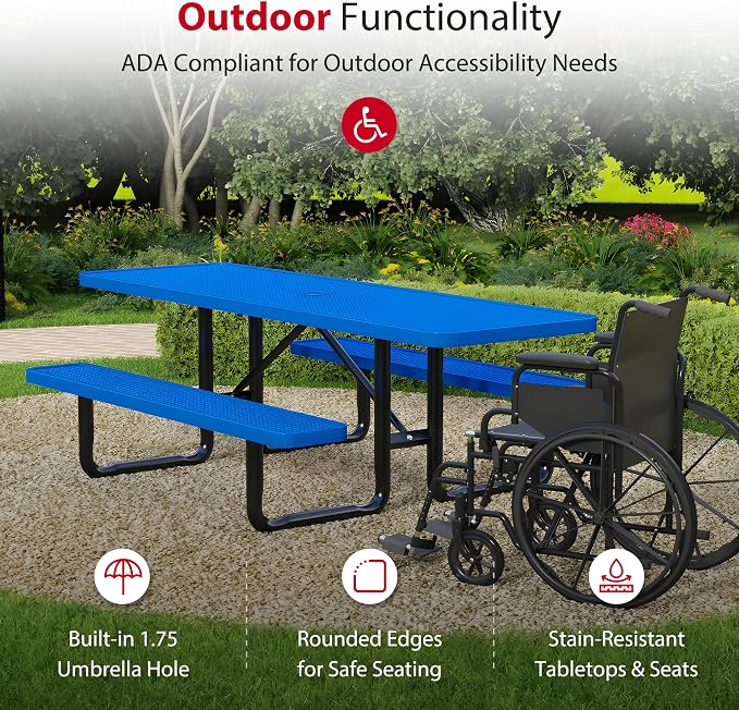 Leisure Craft Metal Picnic Table with Bench - 8 ft Rectangle Outdoor Dining Table with Umbrella Hole, Heavy Duty Thermoplastic Coating, ADA Compliant, Commercial Grade Furniture Made in USA - Blue