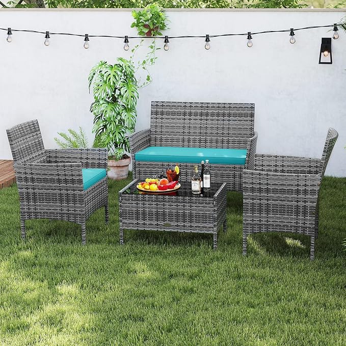 Tangkula 4 Pieces Patio Rattan Conversation Set, Outdoor Wicker Furniture Set with Cushioned Chair, Loveseat & Tempered Glass Table, Outside Sectional Sofa Set for Backyard (G-Turquoise,1)