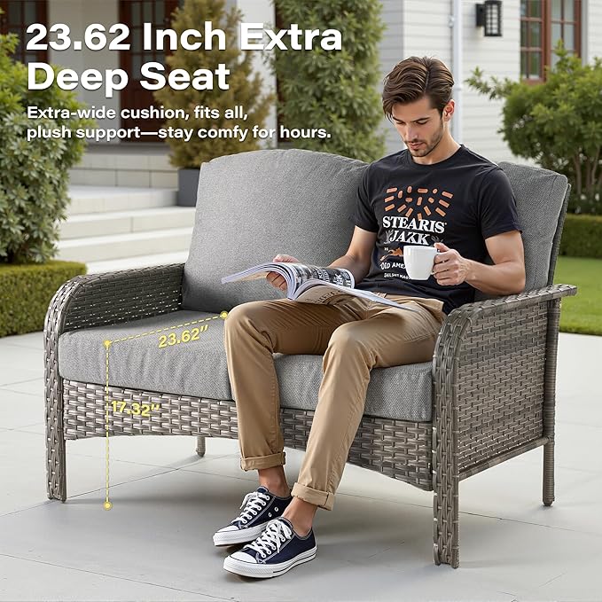 7 Pieces Patio Conversation Sets,Patio Furniture Set with Swivel Rocking Chairs,Coffee Table, Side Table, All Weather Rattan Wicker Outdoor Sectional Furniture Set for Porch Balcony Backyard Dark Gray