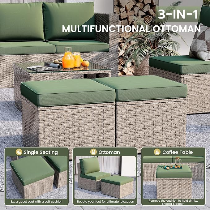 Amopatio 7 Pieces Patio Furniture Set with Fire Pit Table, All-Weather Wicker Outdoor Conversation Sofa Set with Glass Coffee Table, Cushions & Ottomans for Deck Backyard Porch Lawn Green