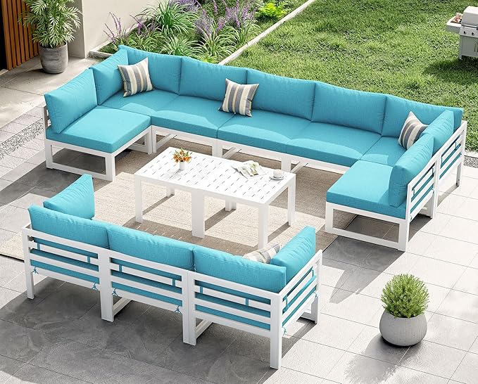 NICESOUL Extra Large Aluminum Patio Furniture Set with End Table, All-Weather 29" Wide Deep Seats Outdoor Sofa Conversation Set, Contemporary Sectional Couch for 10 Seats, for Garden, Turquoise