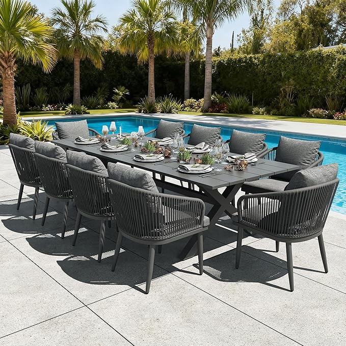 LayinSun 9 Pieces Outdoor Patio Dining Set, Aluminium Rectangular Dining Table and Wicker Rattan Chairs Set for Outside Backyard, Poolside