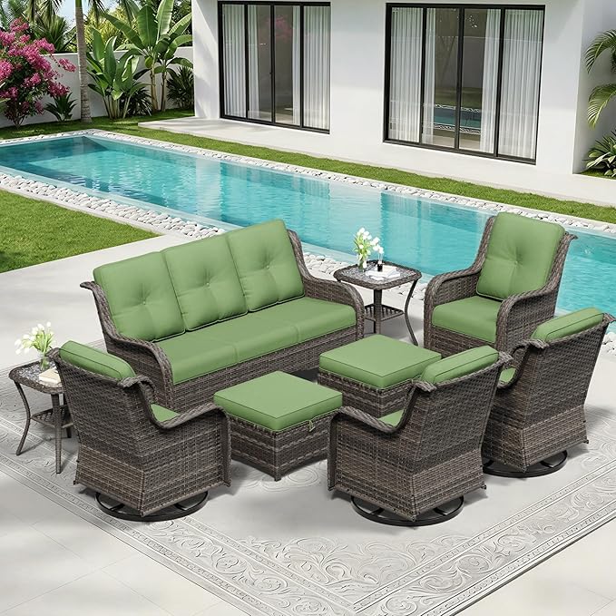 9 Piece Outdoor Wicker Patio Furniture Set, Outdoor Swivel Rocker Patio Chairs Set with Thickened Olefin Cushions, High Back and Deep Seating, Hand-Woven PE Rattan for Porch, Deck