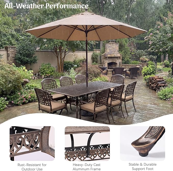 Redlife 9-Piece Cast Aluminum Outdoor Dining Set, 86" Rectangular Patio Table with Umbrella Hole, 2 Swivel Rocker Chairs & 6 Stackable Chairs with Cushion,Lattice Backrest, All-Weather Waterproof