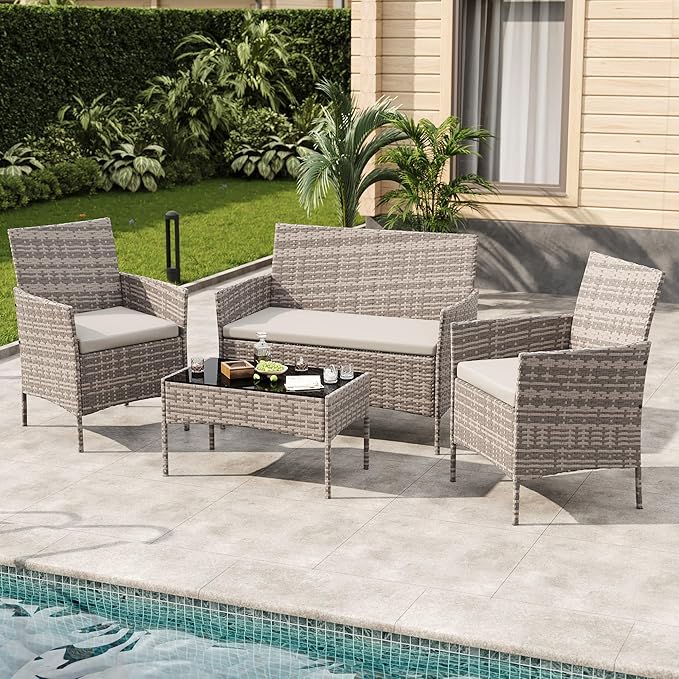 4-Piece Outdoor Furniture Set, PE Rattan Wicker Chairs with Soft Cushions & Tempered Glass Coffee Table - All-Weather Patio Set for Garden, Backyard, Porch, Poolside (Gray/Light Gray)