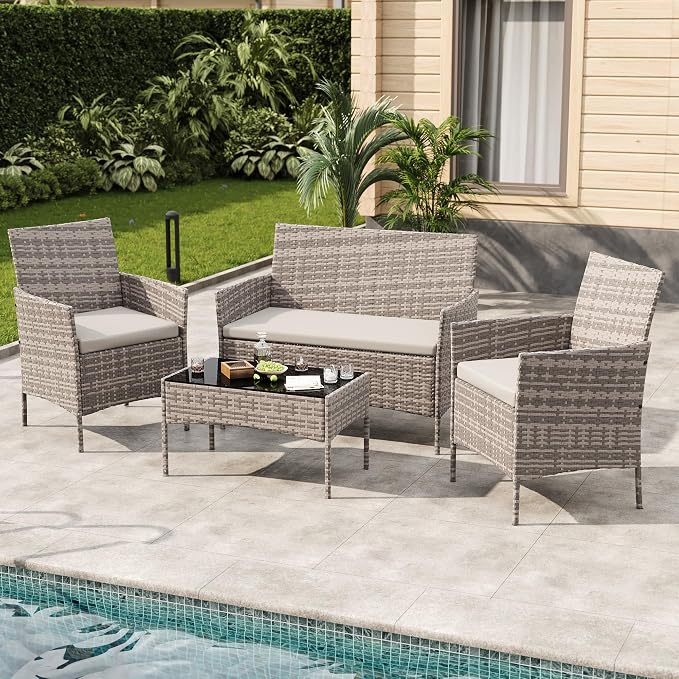 PeakPursuit Patio Furniture Sets 4 Pieces All-Weather Outdoor Furniture PE Rattan Wicker Chairs with Soft Cushion and Glass Coffee Table for Yard Backyard Lawn Porch Poolside Balcony,Grey