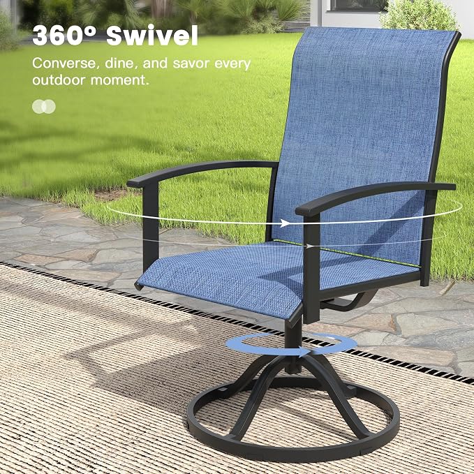 VICLLAX 5 Pieces Patio Outdoor Dining Set, 4 Swivel Textilene Chairs and 38" Square Metal Table with Umbrella Hole for Porch, Deck, Garden, Black/Dark Blue