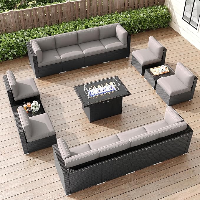 LayinSun 15 Pieces Patio Furniture Set with Fire Pit Table, Black Rattan Modular Sectional Patio Conversation Sofa Set