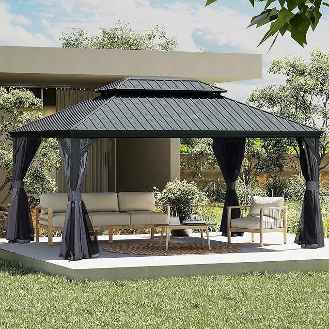 Domi 13' X 15' Hardtop Gazebo, Upgraded Metal Gazebo with Drainage System, Dual-Layer Galvanized Steel Roof, Curtain and Netting, Outdoor Shelter Canopy for Patio, Garden, and Backyard, Grey