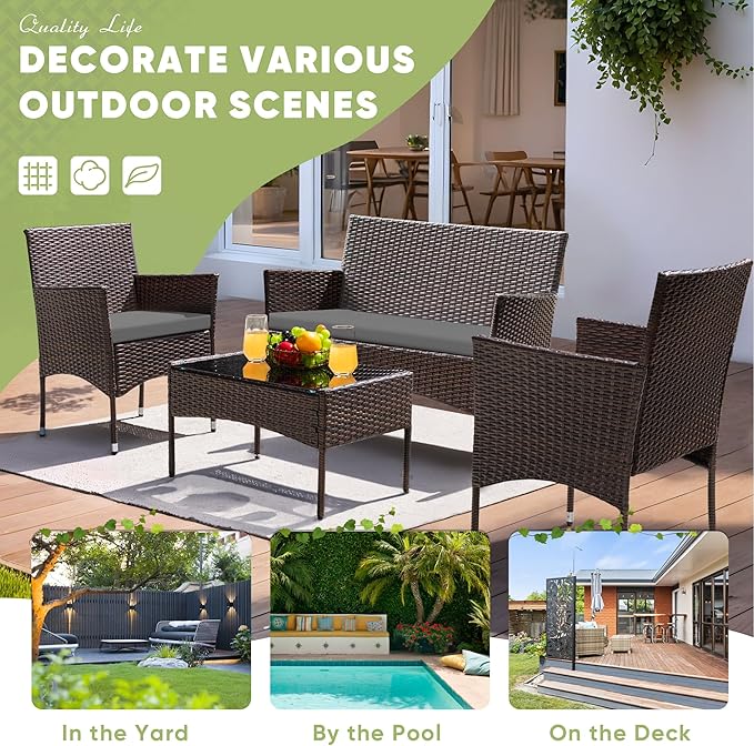 Greesum Patio Furniture 4 Pieces Conversation Sets Outdoor Wicker Rattan Chairs Garden Backyard Balcony Porch Poolside loveseat with Cushion and Glass Table, Brown and Grey