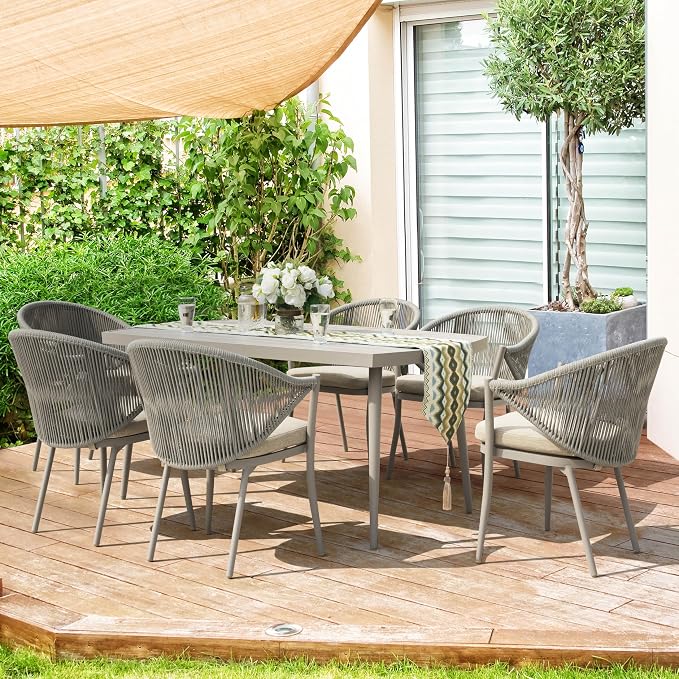 Nuu Garden Outdoor 7 Piece Dining Set, Woven Rope Conversation Chairs with Seat Cushions and Tufted Pillows, Aluminum Dining Table with 2.76" Umbrella Hole, Ideal for Patio, Lawn, Garden, Porch, Beige