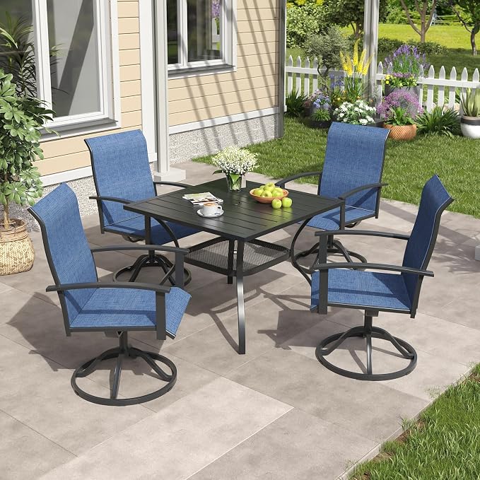 VICLLAX 5 Pieces Patio Outdoor Dining Set, 4 Swivel Textilene Chairs and 38" Square Metal Table with Umbrella Hole for Porch, Deck, Garden, Black/Dark Blue