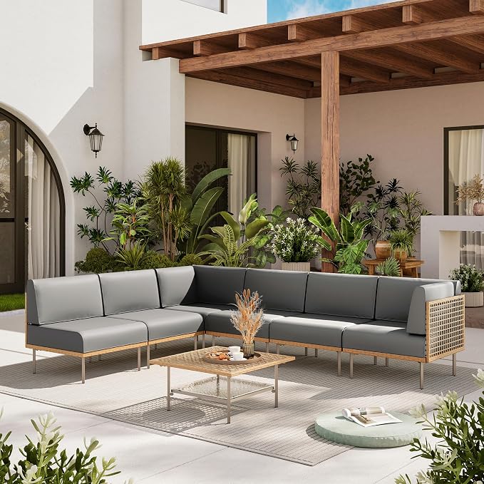 LAUSAINT HOME 7-Piece Outdoor Patio Furniture Set, Wicker Outdoor Conversation Set PE Rattan Sectional Sofa with Washable Cushions and Tempered Glass Table for Garden (Grey)