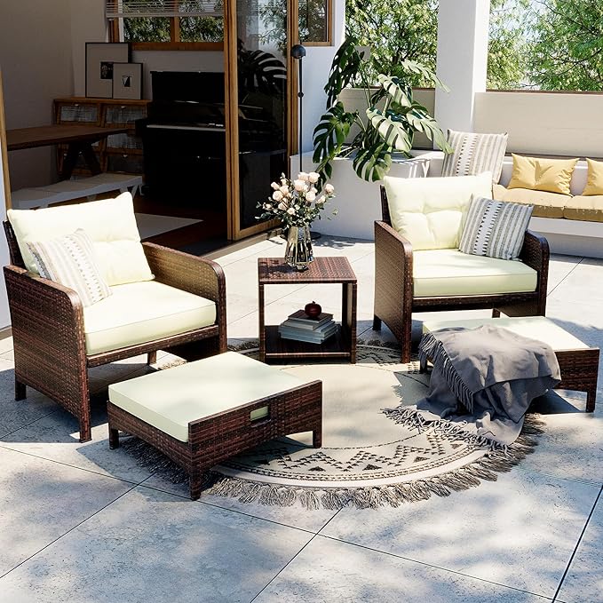 5 Piece Patio Furniture Set, All-Weather Patio Furniture with Soft Cushions, PE Wicker Patio Sofa Set with Coffee Table and Ottoman, for Outdoor, Porch, and Balcony (Beige-Brown)