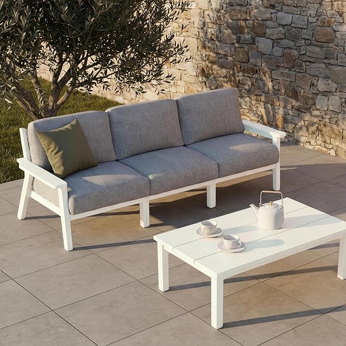 Patio Furniture Set 3 Seats, HDPE Outdoor Sectional with Washable Gray Thick Cushions, Coffee Table & Side Table, Patio Conversation Sets for Lawn, Garden, Porch, Balcony (White Frame)