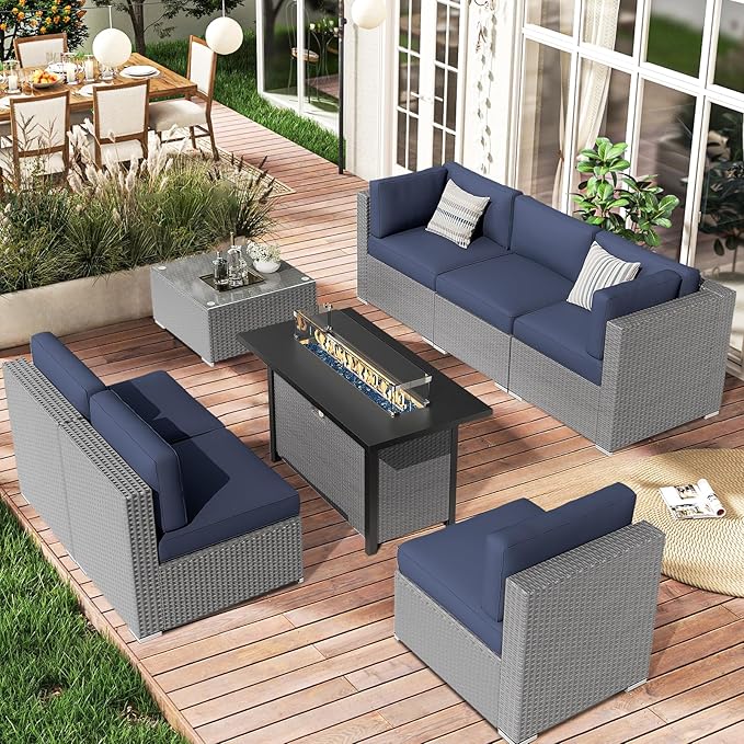SUNCROWN Outdoor Patio Furniture Set 7 Piece Outdoor Sectional Sofa Grey Wicker Conversation Sofa Set with Coffee Table, Cushions and Fire Pit Table (Dark Blue)