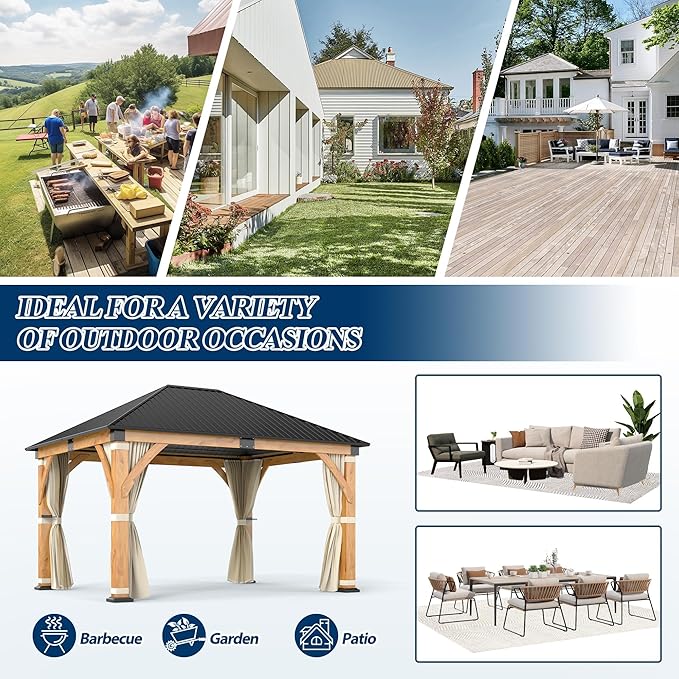COVERONICS 11' x 13' Outdoor Wood Gazebo with Galvanized Steel Roof, Heavy-Duty Spruce Wood Frame Patio Hardtop Gazebo with Netting & Curtains for Backyard, Deck, Poolside, Garden