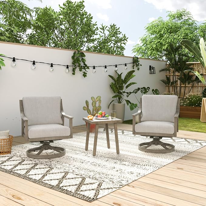 3-Piece Patio Conversation Set Aluminum Swivel for Outdoor Deck,(Grey) | Aluminum Outdoor Conversation Set Includes 1 Side Table and 2 Cushioned Swivel Rocker Chairs