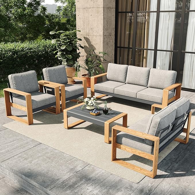 5 Pieces Aluminum Patio Furniture Set, Outdoor Conversation Sets with High Backrest Sofa and Coffee Table for Garden and Backyard