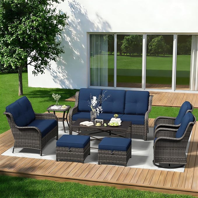 8 Piece Outdoor Wicker Patio Furniture Set, Outdoor Swivel Rocker Patio Chairs Set with Thickened Olefin Cushions, High Back and Deep Seating, Hand-Woven PE Rattan for Porch, Deck