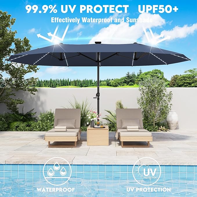 GDPFN 15ft Large Patio Umbrella with Solar Lights, Outdoor Double-Side Rectangular Umbrella, Backyard Pool Umbrella with LED Light for Deck, Outside, Market, Navy (Base Not Include)