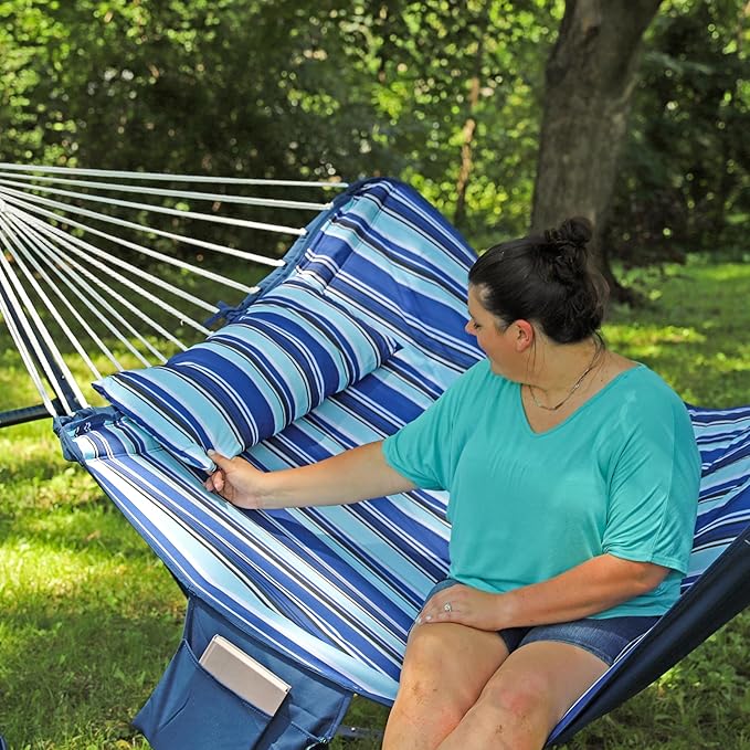 Sunnydaze Quilted Fabric Double Outdoor Hammock - 2-Person Hammock with Metal Curved Spreader Bars - Catalina Beach